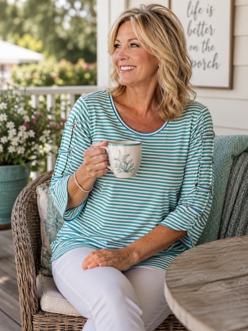 Lulu B Small Aqua Stripe UPF Top Lace Sleeve Coastal Beach Resort Cruise